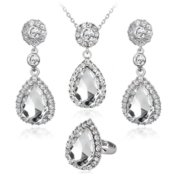Set bijuterii dama, lantisor cu pandantiv, inel si cercei, cristale zirconiu cu efect de cristal Sapphire, placat cu aur alb 18K, Tessero, argintiu [1]