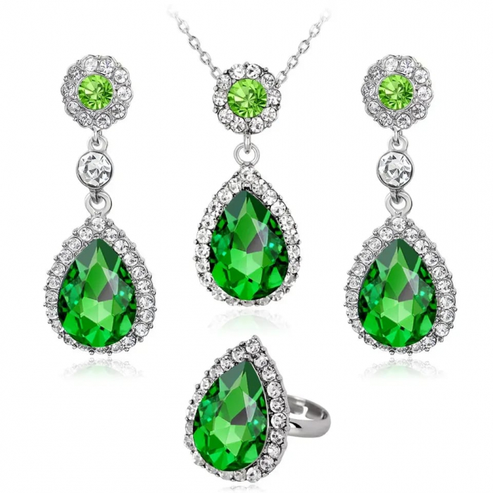 Set bijuterii dama, lantisor cu pandantiv, inel si cercei, cristale zirconiu cu efect de cristal Sapphire, placat cu aur alb 18K, Tessero, verde [1]