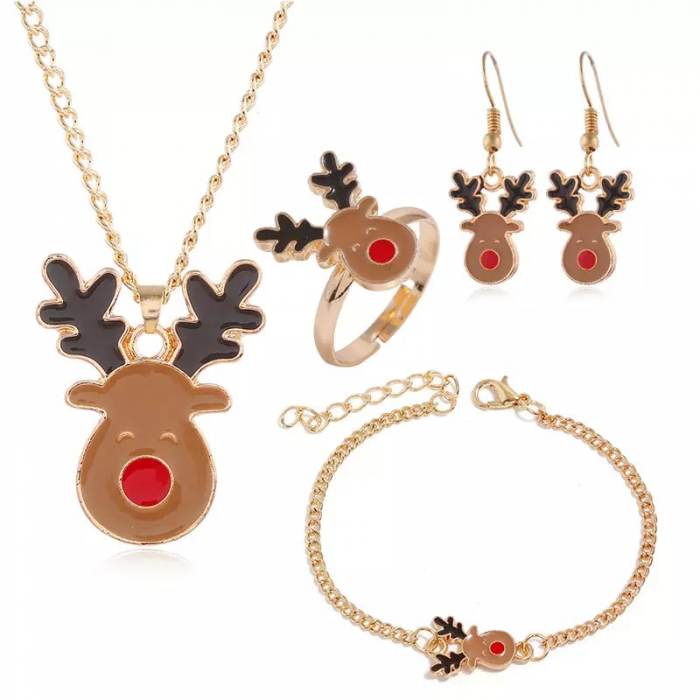 Set bijuterii de Craciun, lantisor cu pandantiv, cercei, bratara si inel, marime reglabila, model cu ren, placat cu aur 18K, Tessero, auriu [1]