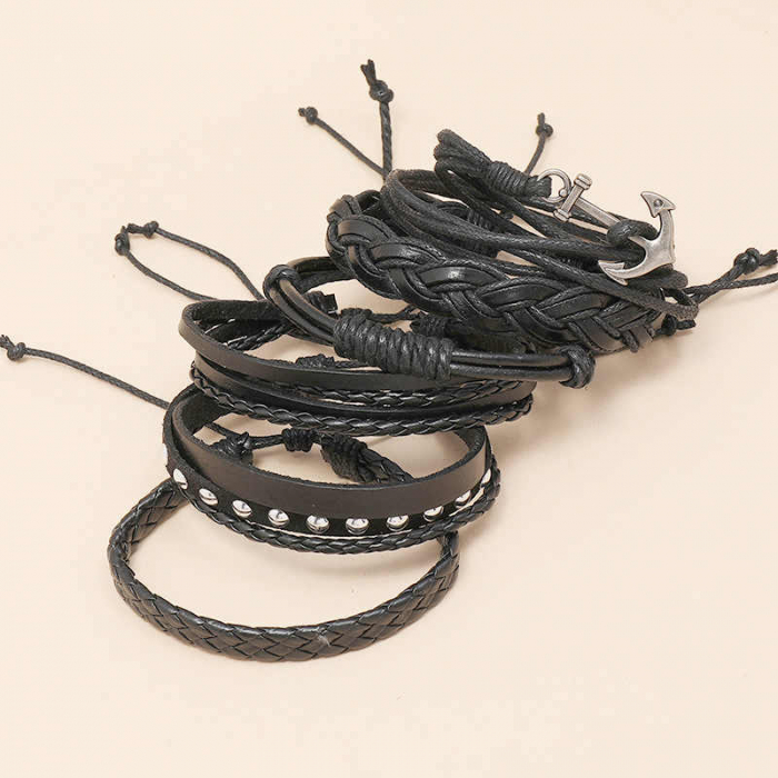 Set Bratara, 6 piese, piele naturala calitativa, cu multiple straturi, inchidere ajustabila, piele impletita, neagra cu ancora [4]