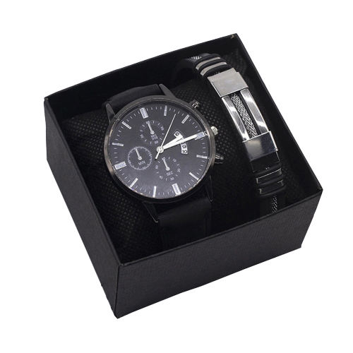 Set cadou ceas analog si bratara din otel inoxidabil, mecanism quartz, curea din piele naturala, cronograf, negru, Tessero [1]