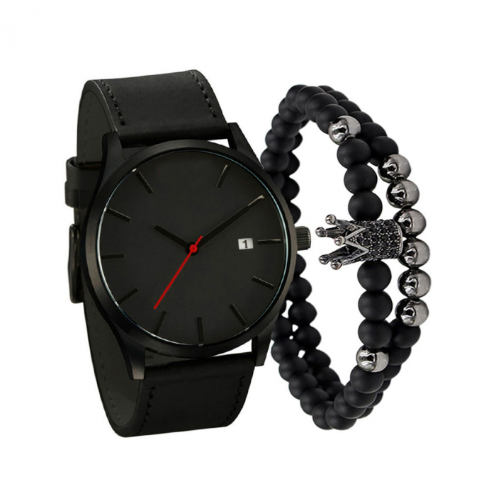 Set cadou de Ceas analog si doua bratari model coroana cu pietre zirconiu, mecanism quartz, curea din piele naturala, cronograf, negru, Tessero [1]