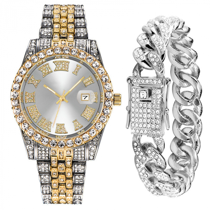 Set Ceas analog Iced out, bratara Cuban Chain, mecanism quartz, insertii zirconiu, cifre romane, placat cu aur 18K, argintiu [1]