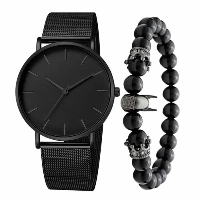 Set ceas analog simplist si bratara model cu Batman si coroana din pietre naturale, mecanism quartz, negru, Tessero [1]