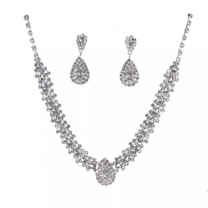 Set colier si pereche cercei rain drop de dama, model elegant pentru ocazie speciala, pietre zirconiu, placat cu aur alb 18K, argintiu [4]