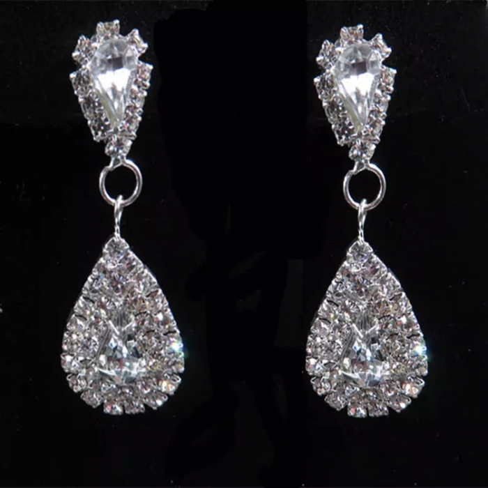 Set colier si pereche cercei rain drop de dama, model elegant pentru ocazie speciala, pietre zirconiu, placat cu aur alb 18K, argintiu [3]