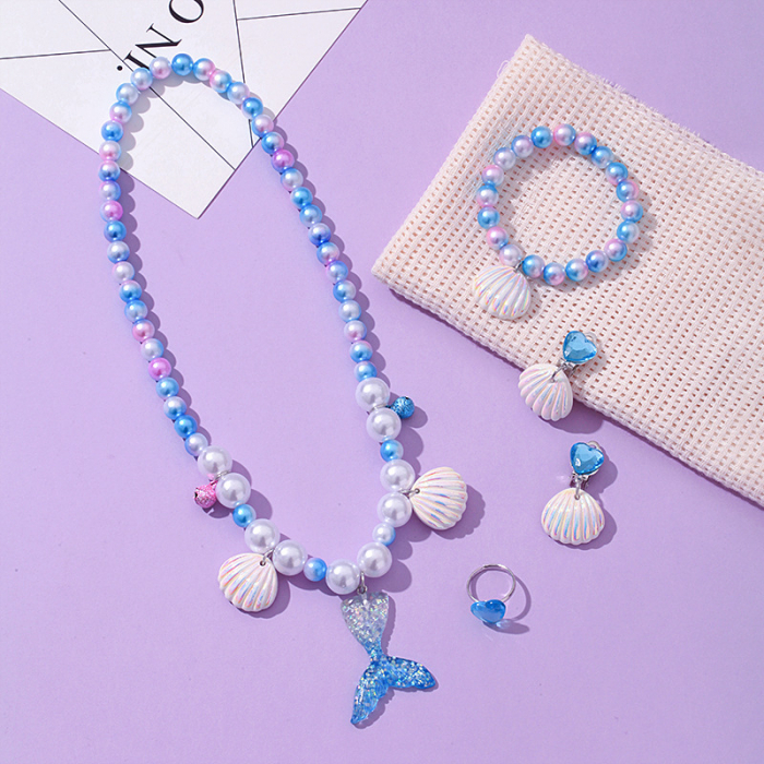 Set complet bijuterii fetite, colier, bratara, cercei si inel, model cu coada de sirena si scoici, Tessero, albastru [1]
