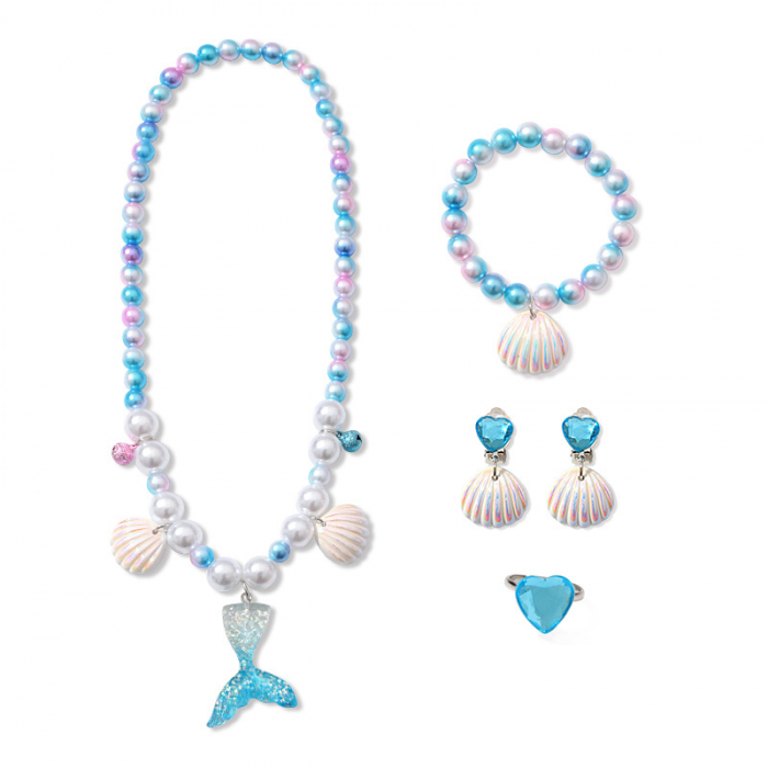Set complet bijuterii fetite, colier, bratara, cercei si inel, model cu coada de sirena si scoici, Tessero, albastru [2]
