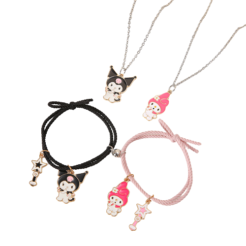 Set complet de bratari tip snur si lantisoare cu magnet pentru prieteni, lucrate manual, 4 piese, charm-uri animate cu pisicuta si iepuras, Best friends, marime reglabila, roz si negru [2]