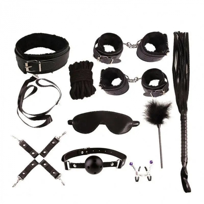 Set de 10 jucarii pentru adulti si hamuri din piele ecologica, bondage, BDSM, calus, bici, catuse, zgarda, franghie, masca pentru ochi, pana pentru gadilat, Tessero, negru [2]