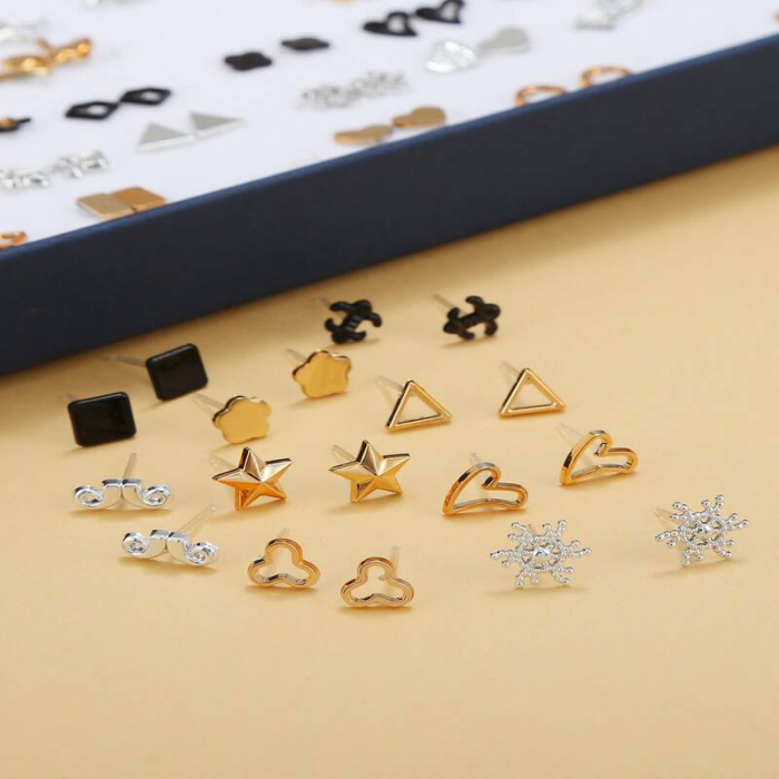 Set de 100 perechi de cercei, tip stud, diferite modele, placate cu aur 18K, Tessero, auriu, argintiu si negru [1]