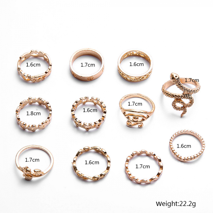 Set de 11 inele de dama pentru mana, diferite modele retro, placate cu aur 14K, Tessero, auriu [3]