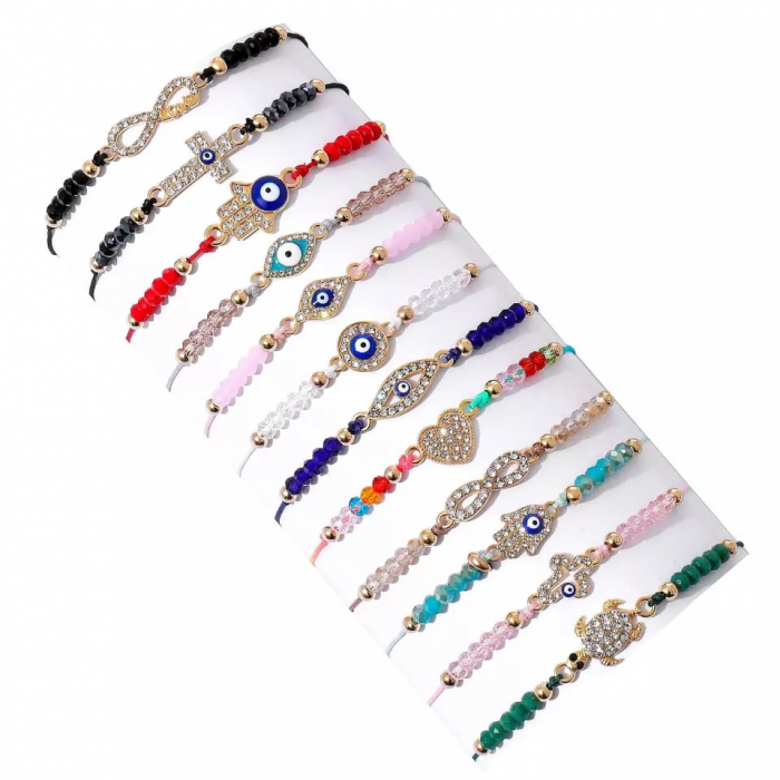 Set de 12 bratari cu charmuri cu simboluri, diferite modele, evil eye, hamsa, pietre zirconiu, marime reglabila pe snur, Tessero, multicolor [1]