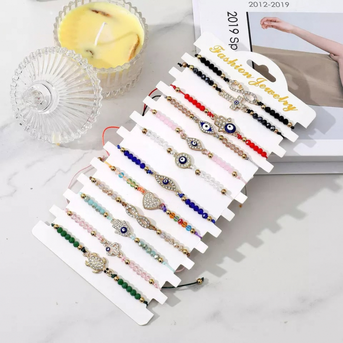Set de 12 bratari cu charmuri cu simboluri, diferite modele, evil eye, hamsa, pietre zirconiu, marime reglabila pe snur, Tessero, multicolor [2]