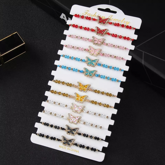 Set de 12 bratari cu charmuri in forma de fluturi, diferite modele, marime reglabila pe snur, Tessero, multicolor [3]