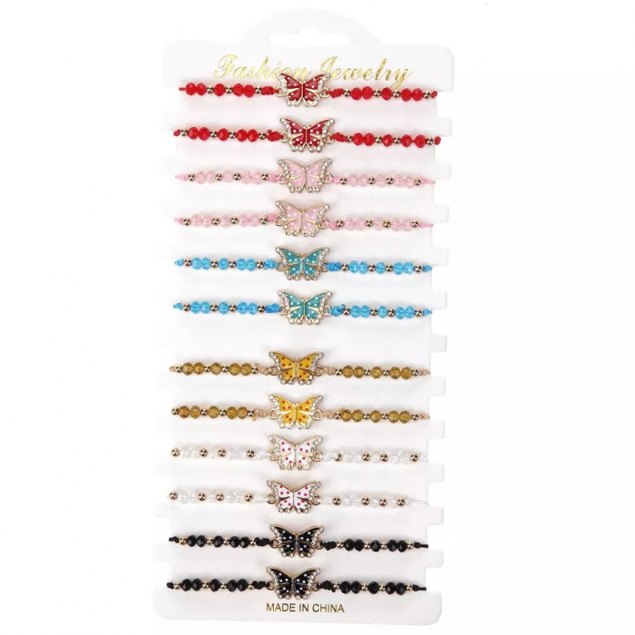 Set de 12 bratari cu charmuri in forma de fluturi, diferite modele, marime reglabila pe snur, Tessero, multicolor [1]