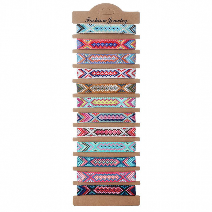 Set de 12 bratari impletite din sfoara, retro, bohemian, diferite modele, realizate manual, marime reglabila pe snur, Tessero, multicolor [3]