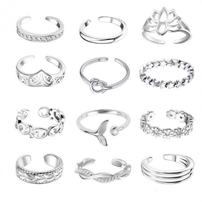 Set de 12 inele de dama, placate cu argint, diferite modele, stelute, florale, pietre zirconiu, marime reglabila, Tessero, argintiu [1]