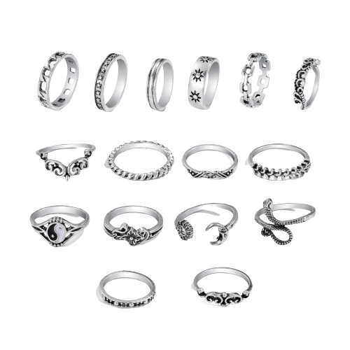 Set de 16 inele de dama, placate cu argint, diferite modele Vintage, Yin si Yang, sarpe incolacit, Cuban Chain, stelute, marime universala, Tessero, argintiu [3]