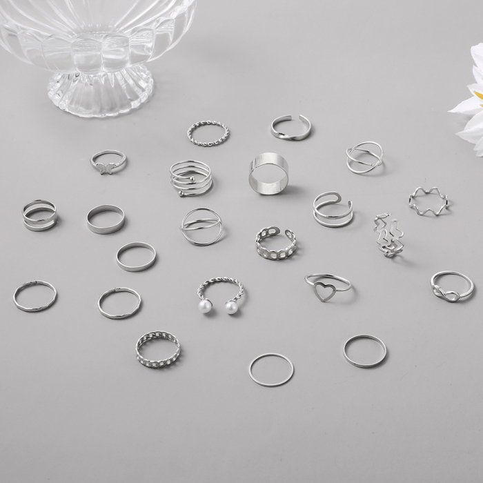 Set de 22 de inele de dama, placate cu aur 18K, diferite modele cu fluturi, inimioare si perle, Tessero, argintiu [2]