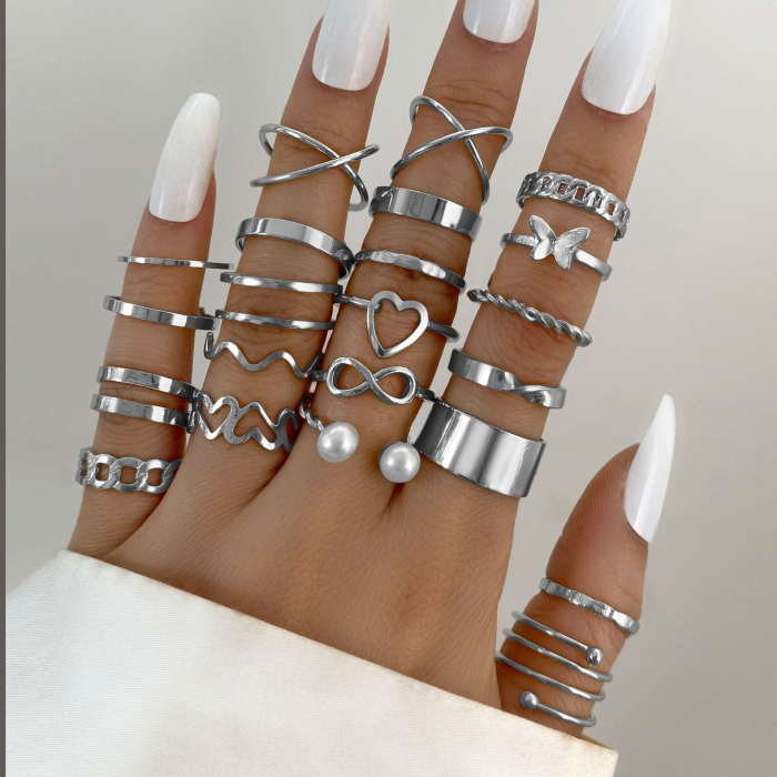 Set de 22 de inele de dama, placate cu aur 18K, diferite modele cu fluturi, inimioare si perle, Tessero, argintiu [3]