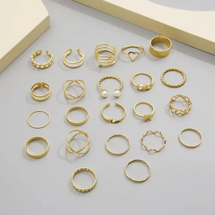 Set de 22 de inele de dama, placate cu aur 18K, diferite modele cu fluturi, inimioare si perle, Tessero, auriu [3]
