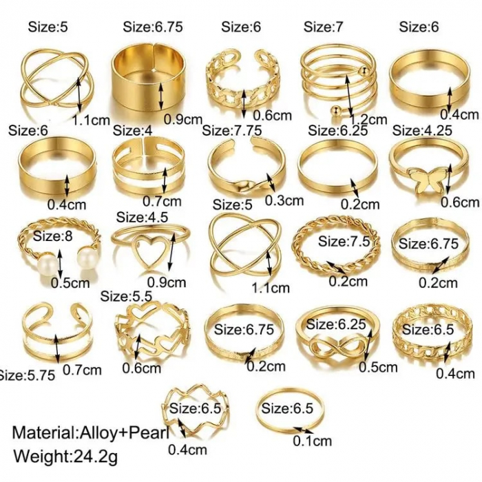 Set de 22 de inele de dama, placate cu aur 18K, diferite modele cu fluturi, inimioare si perle, Tessero, auriu [2]