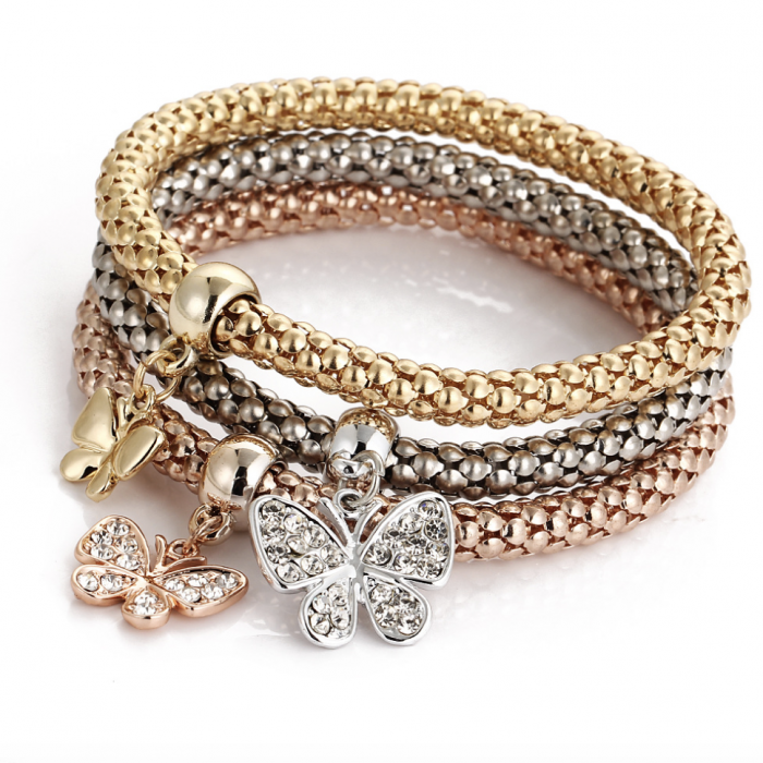 Set de 3 bratari cu charm-uri in forma de fluture, placat cu aur 14K, Tessero [2]