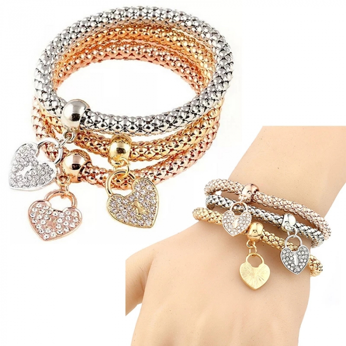 Set de 3 bratari cu charm-uri in forma de inimioara, placat cu aur 14K, [1]