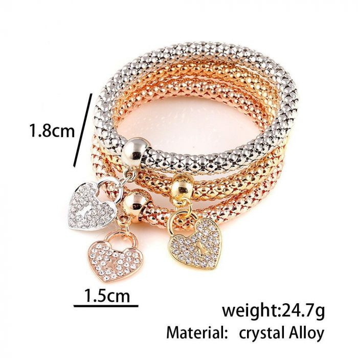 Set de 3 bratari cu charm-uri in forma de inimioara, placat cu aur 14K, [2]