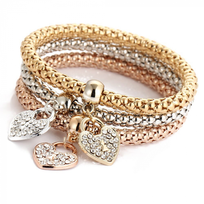Set de 3 bratari cu charm-uri in forma de inimioara, placat cu aur 14K, [3]