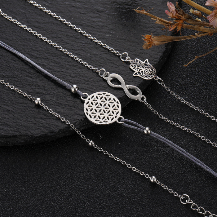 Set de 5 bratari finute cu diferite modele, semnul infinitului, mana hamsa, cu bilute, realizate manual, marime reglabila, Tessero, argintiu [1]