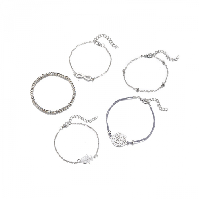 Set de 5 bratari finute cu diferite modele, semnul infinitului, mana hamsa, cu bilute, realizate manual, marime reglabila, Tessero, argintiu [4]