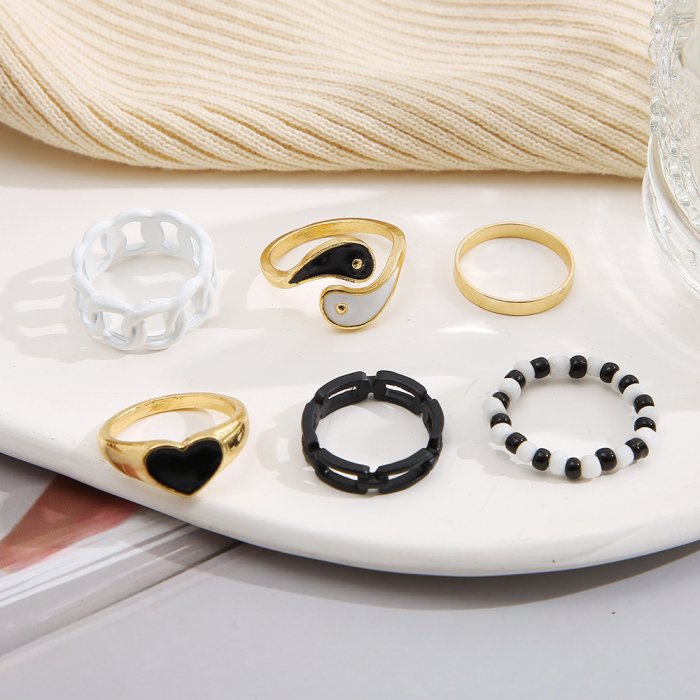 Set de 6 inele de dama Thai Chi Yin Yang, diferite modele, placat cu aur, negru si auriu, Tessero [4]