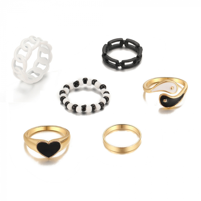 Set de 6 inele de dama Thai Chi Yin Yang, diferite modele, placat cu aur, negru si auriu, Tessero [3]