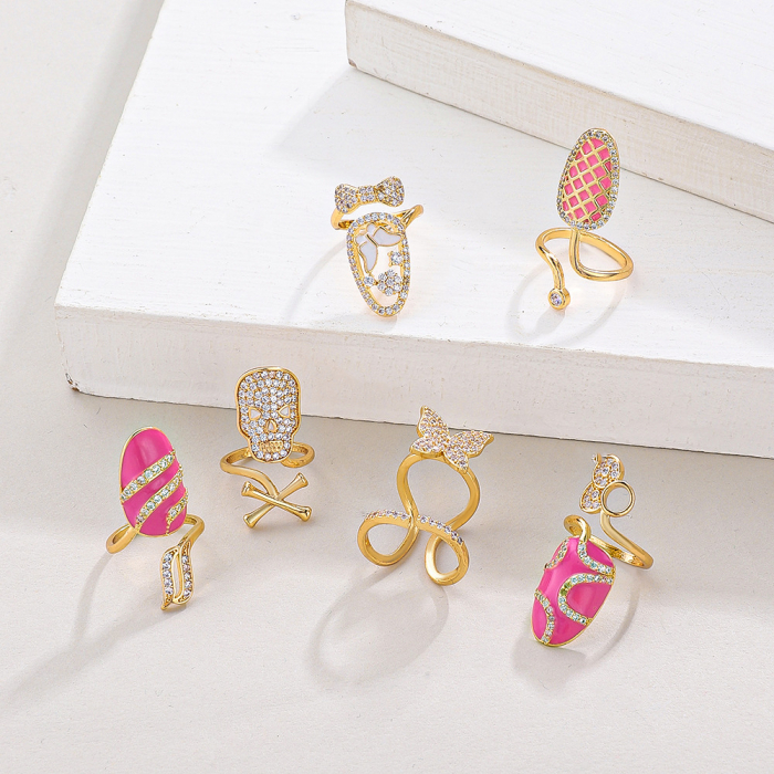 Set de 6 inele pentru unghii, model pentru varful degetelor, forma de cap de mort si fluture, pietre zirconiu, placat cu aur 18K, marime reglabila, Tessero, auriu si roz [4]