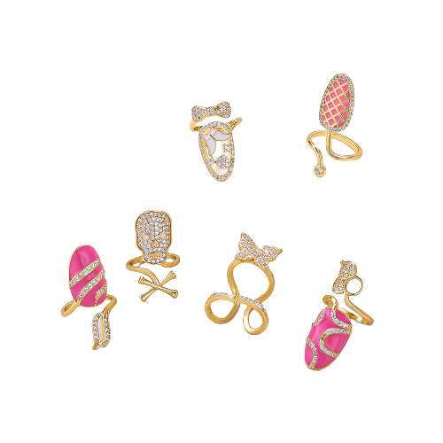 Set de 6 inele pentru unghii, model pentru varful degetelor, forma de cap de mort si fluture, pietre zirconiu, placat cu aur 18K, marime reglabila, Tessero, auriu si roz [1]