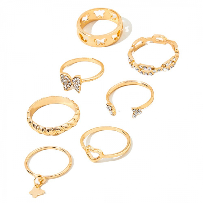 Set de 7 inele de dama, diferite modele cu inimioara si fluture, marime universala, pietre zirconiu, placate cu aur 18K, Tessero, auriu [2]