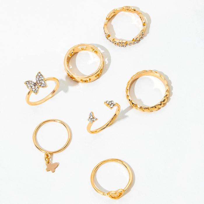 Set de 7 inele de dama, diferite modele cu inimioara si fluture, marime universala, pietre zirconiu, placate cu aur 18K, Tessero, auriu [1]