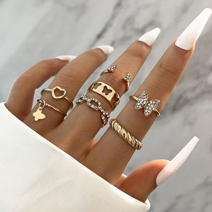 Set de 7 inele de dama, diferite modele cu inimioara si fluture, marime universala, pietre zirconiu, placate cu aur 18K, Tessero, auriu [3]
