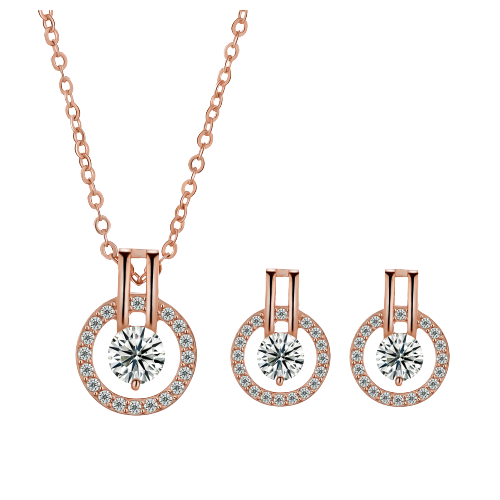 Set de bijuterii de dama, cercei si lantisor cu pandantiv, pietre zirconiu, Tessero, rose gold [1]