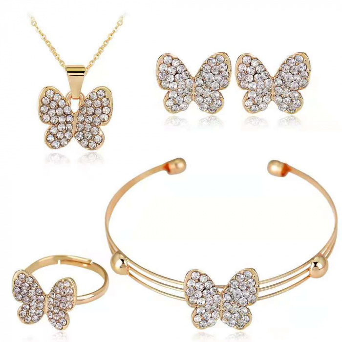 Set de bijuterii de dama, lantisor, cercei, bratara si inel marime reglabila, model fluture, placata cu aur 18K, pietre zirconiu, auriu [1]