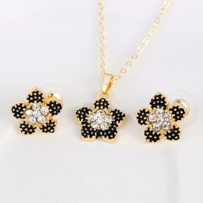 Set de bijuterii de dama, lantisor, cercei, bratara si inel marime reglabila, model in forma de floare, placata cu aur 18K, pietre zirconiu, auriu [1]