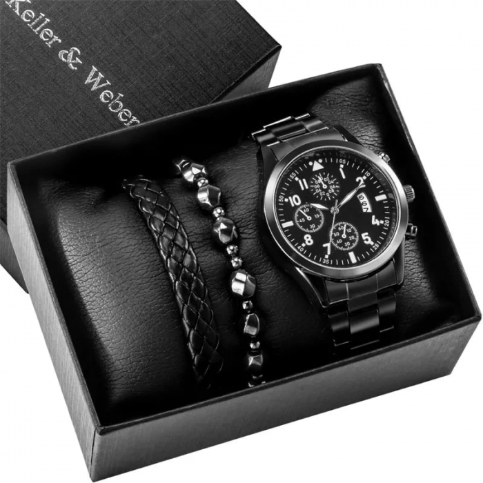 Set de Ceas analog si doua bratari din piele naturala si piatra semipretioasa, mecanism quartz, otel inoxidabil, cronograf, negru, cutie, Tessero [3]
