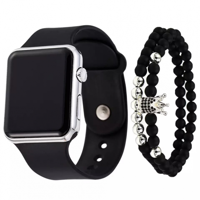 Set de Ceas digital cu led si doua bratari model coroana cu pietre zirconiu, mecanism quartz, curea din silicon, unisex, Tessero, argintiu [1]