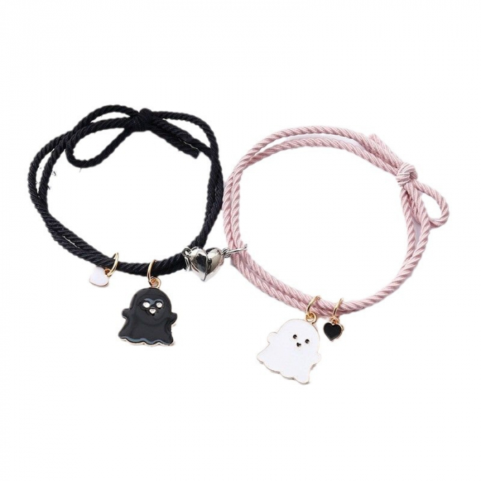 Set de doua bratari cu magnet tip snur pentru prieteni, lucrata manual, charm-uri animate cu fantome si stelute, Best friends, marime reglabila, Tessero, negru si roz [2]