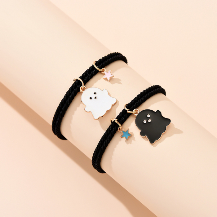 Set de doua bratari cu magnet tip snur pentru prieteni, lucrata manual, charm-uri animate cu fantome si stelute, Best friends, marime reglabila, Tessero, negru [3]