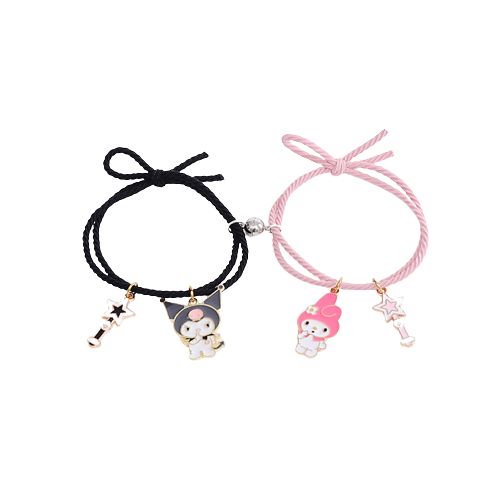 Set de doua bratari cu magnet tip snur pentru prieteni, lucrata manual, charm-uri animate cu pisicuta si iepuras, Best friends, marime reglabila, roz si negru [2]