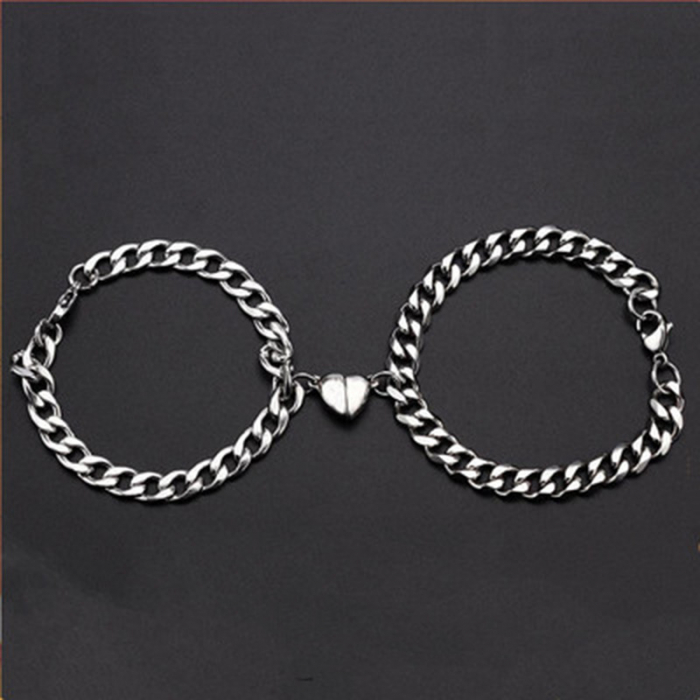 Set de doua bratari din lant cu pandantiv in forma de inima cu magnet, pentru cupluri, Tessero, argintiu [2]