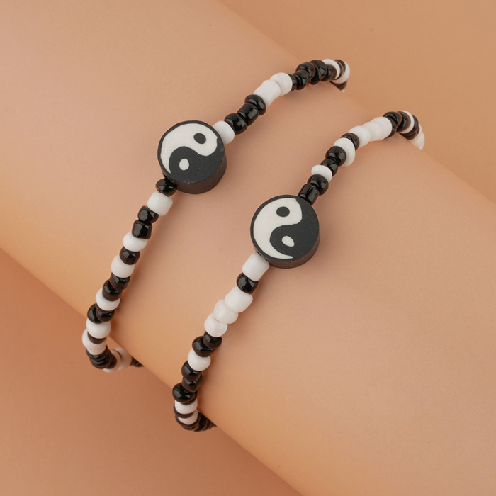 Set de doua bratari din margele, model Tai Chi Yin si Yang, marime reglabila, unisex, Tessero, alb si negru [3]